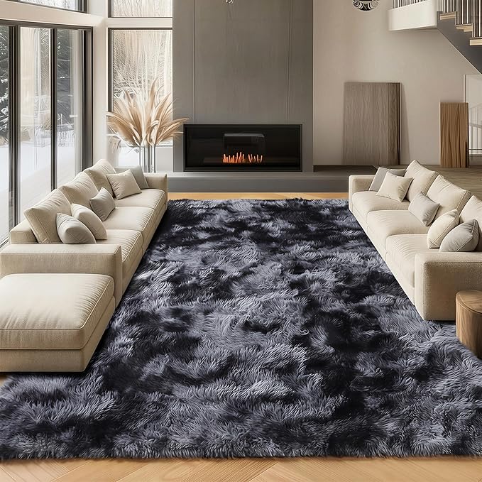 ONASAR Area Rugs 9x12 Living Room, Tie-Dyed Dark Grey Large Fluffy Bedroom Rug, Soft Plush Thick Shaggy Big Floor Carpet for Kids Boy Girls Teen Dorm Nursery Indoor Home Decor Aesthetic