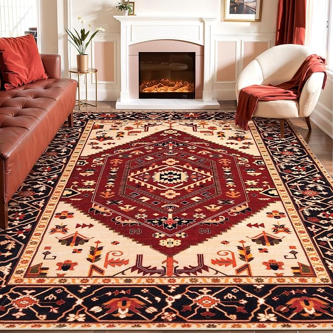 SERISSA Washable Rugs 8x10 Area Rugs, Large Non-Slip Boho Living Room Rug, Ultra Soft Oriental Vintage Red Black Print Distressed Carpet for Dining Room Bedroom Dorm Office Home Decor