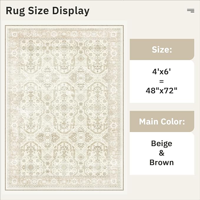 Soalmost 4x6 Area Rugs for Living Room, Vintage Washable Rugs for Dining Room, Bedroom, Home Office Decor, Non-Slip Beige/Brown Carpet Thin Rug