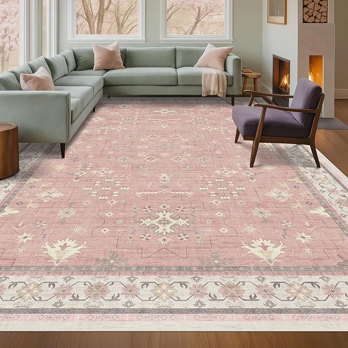 Washable 8x10 Blush Pink Rug for Bedroom Girls Dorm, Floral Retro Living Room Rugs, Soft Thin Low Pile Non Slip Stain Resistant Carpet