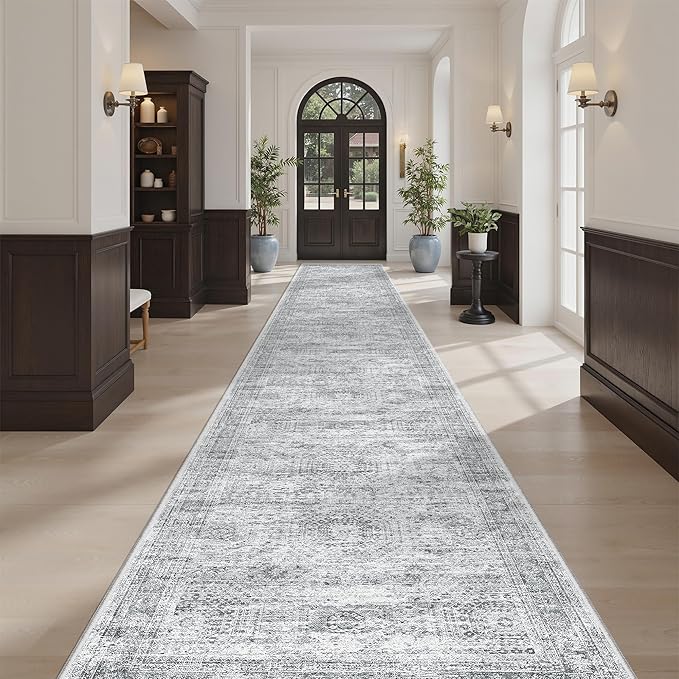 Runner Rug 2'6" x 14' Washable Non-Slip Runner Rugs for Kitchen Bathroom Laundry Room Vintage Ultra Thin Runners for Hallway Entryway Grey