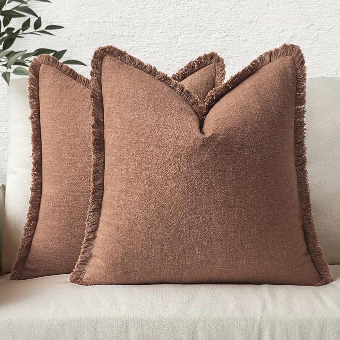 MIULEE Decorative Throw Pillow Covers Neutral Linen Fringe Throw Pillows Set of 2 Brick Boho Farmhouse Cushion Covers with Tassels for Couch Sofa Bed Living Room Spring Home Decor 18x18 Inch