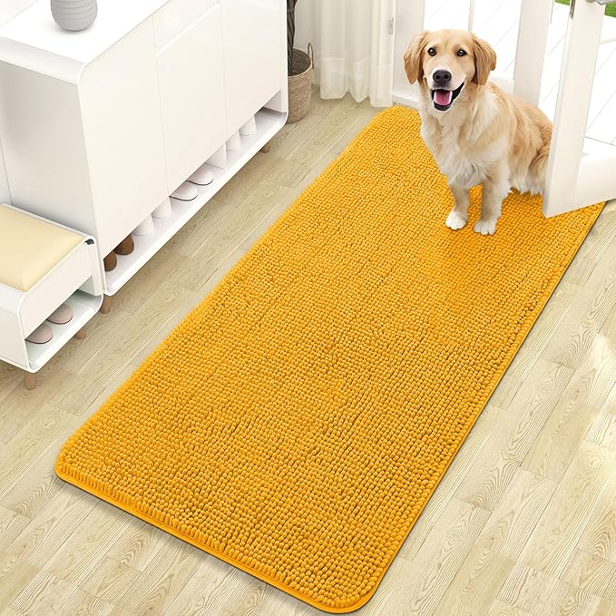 OLANLY Dog Door Mat for Muddy Paws 47x24, Absorbs Moisture and Dirt, Absorbent Non-Slip Washable Doormat, Quick Dry Chenille Mud Mat, Entry Indoor Entryway Carpet for Inside Floor, Golden Yellow