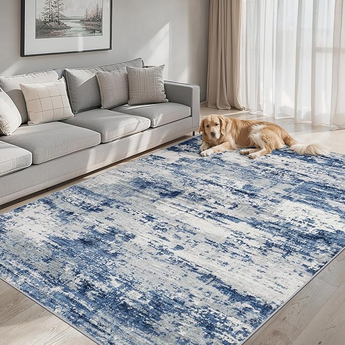 Area Rugs 10x12 Living Room - Washable Rug Modern Abstract Soft Large Neutral Non-Slip Carpet Indoor Floor Thin Carpets for Bedroom Dining Room Farmhouse Nursery Home Office Blue Gray