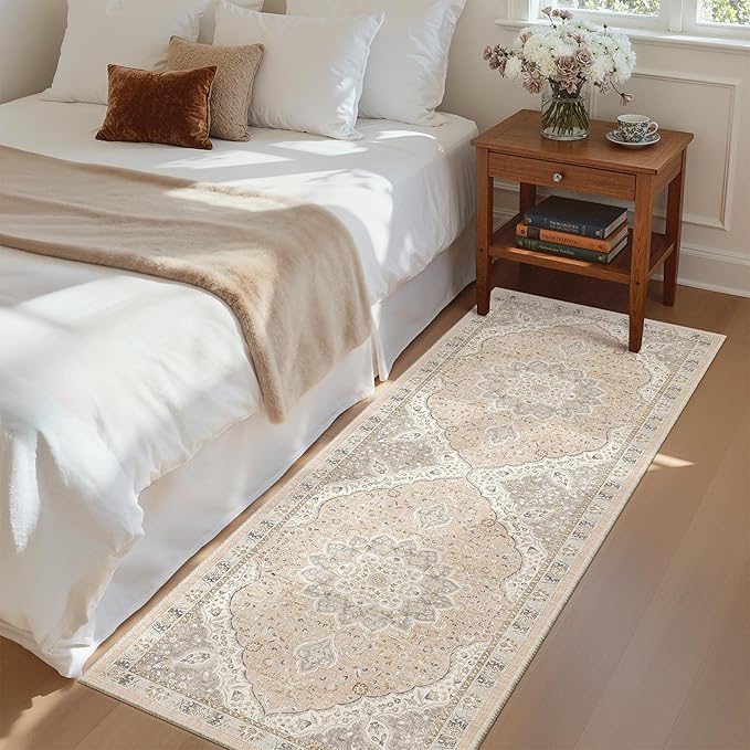 Madane Washable Runner Rug - 2x6 Rug Runners for Hallways 6 Feet Non Slip Vintage Kitchen Runner Rug Ultra-Thin Bathroom Runner Rugs Carpet Laundry Room Bedroom (2x6ft, Pink/Gray)