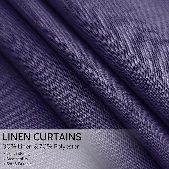 Nanspring Purple Linen Blend Light Filtering Back Tab Curtains 108 Inches Long, Semi Sheer Privacy Drapes for Living Room & Bedroom, 52x108 inch, 2 Panels