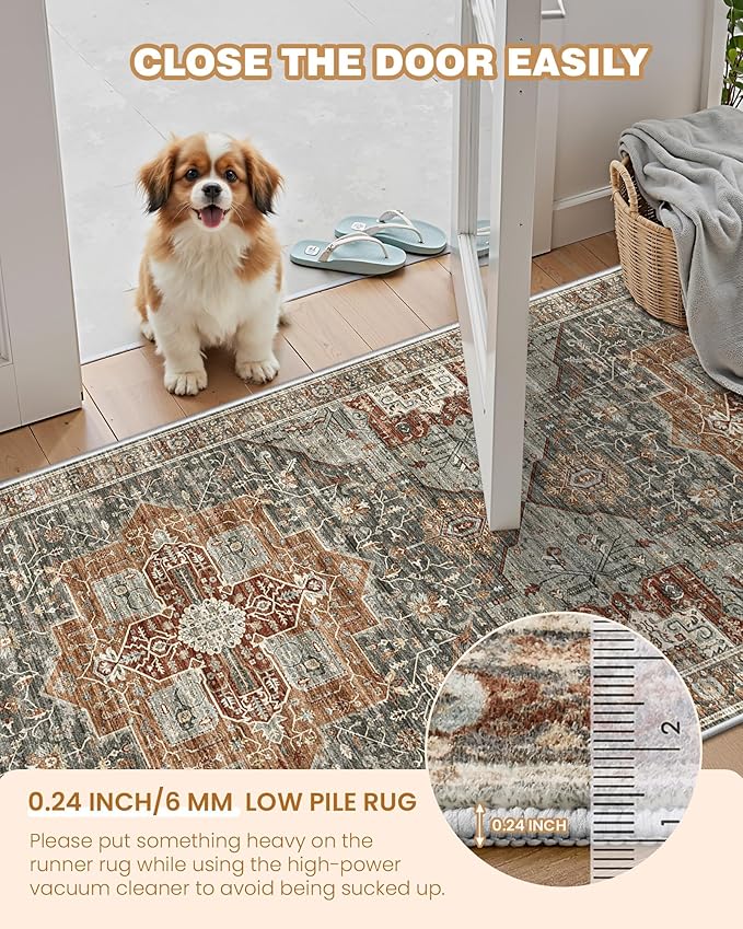 Runner Rug 2x8 Runners for Hallways Non Slip Washable, Vintage Hallway Runner Rugs for Living Room, Low Pile Soft Hallway Rug for Kitchen Bedroom Laundry Room Rug(Grey/Brown/Tan,2'x8')