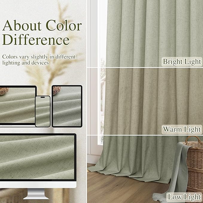 Sage Green 100% Blackout Curtains 63 Inch Length 2 Panels Set for Living Room Bedroom Back Tab Thermal Insulated Black Out Linen Drapes Room Darkening Window Curtains 40 Wide