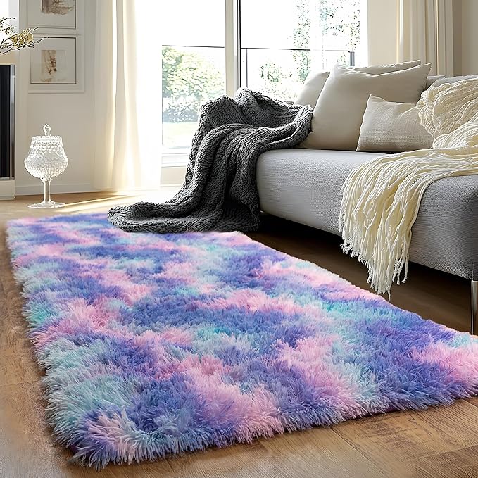 Runner Rugs for Bedroom 2x6 Rug Runners for Hallways Non Slip Soft Shag Bedside Rug, Fluffy Area Rug Throw Rugs for Living Room, Floor Carpet Runner for Nursery Kids Dorm, Rainbow Purple