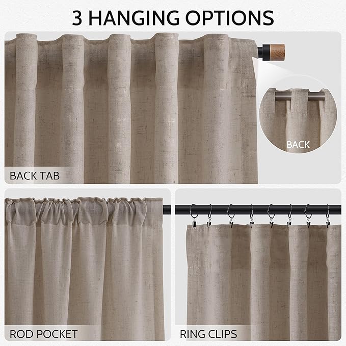 Nanspring 108 Inch Long Curtains for Living Room Ecru Linen Blend Light Filtering Semi Sheer Curtain Back Tab Rustic Decor Natural Farmhouse Floor to Ceiling High Window for Bedroom 52x108, 2 Panels