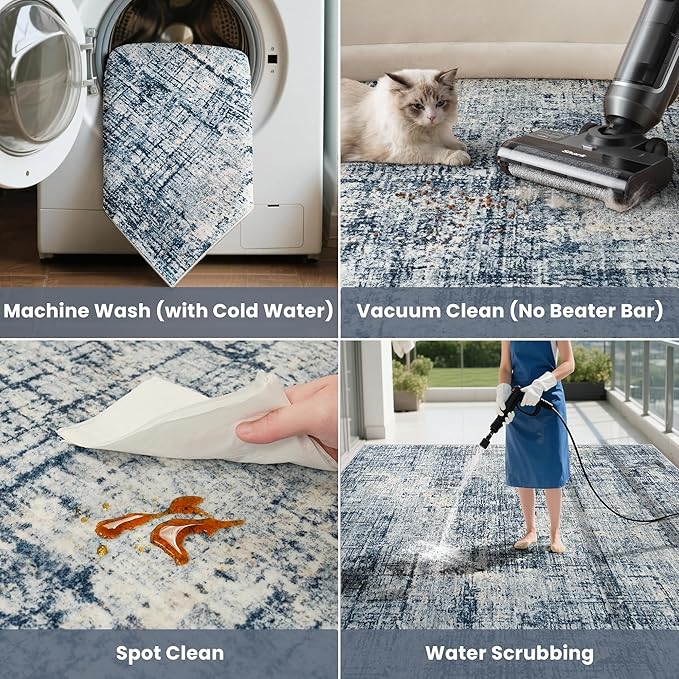 9x12 Area Rugs for Living Room Washable Rug: Anti-Skid Abstract Modern Living Room Rug Soft Thin Carpets Indoor Floor Non-Shedding Carpet for Bedroom Dining Farmhouse Nursery Home Office Blue Gold