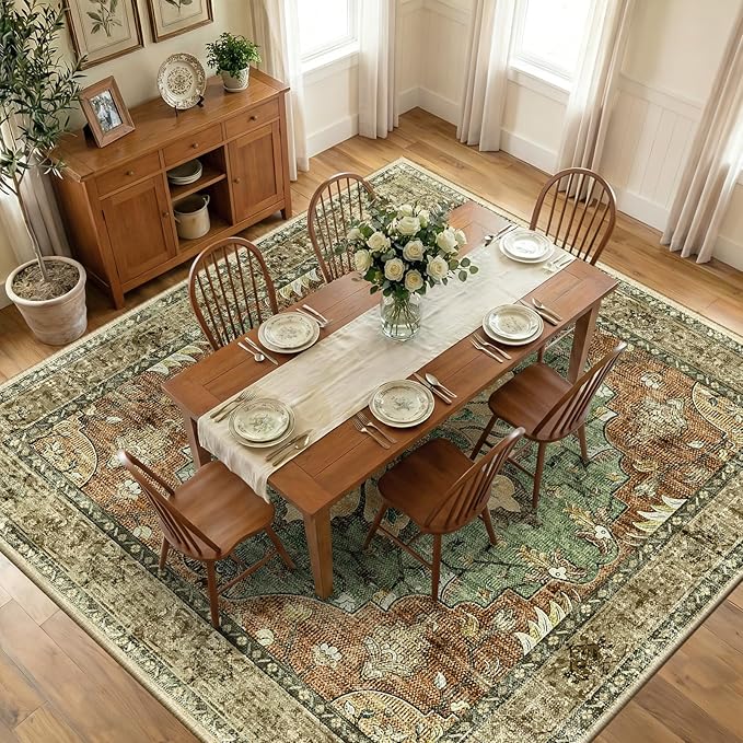 RELEANY Area Rugs Square 10ft Washable Non-Slip, Floral Vintage Distress Print Pattern Medallion Carpet for Living Room Bedroom Dining Room, Brick Red Rust Neutral Brown Burnt Orange Green