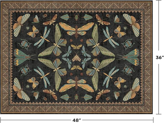 Hazo Haus Black Front Door Mat Indoor Entrance Non Slip Washable - 3x4 Throw Rug for Kitchen, Mudroom, Bedroom Bedside, Insect Boho Vintage Aesthetic Décor