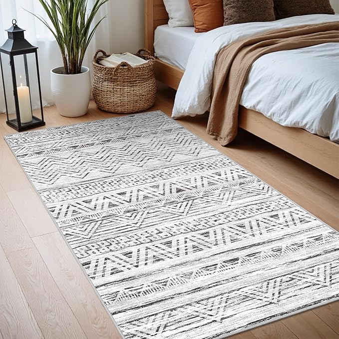 2x4 Washable Entryway Runner Rug: Moroccan Small Area Rug Soft Non Slip Door Mat for Hallway Low Pile Thin Stain Resistant Floor Carpet for Kitchen Bedroom Bathroom Bedside Indoor(2x4,Grey)