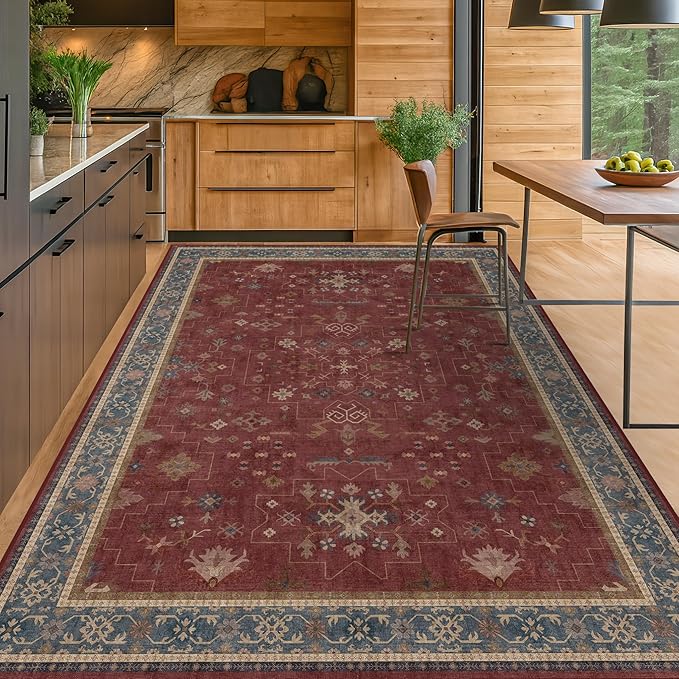 6x8 Dining Room Rugs for Under Table - Vintage Burgundy Boho Living Room Rug, Machine Washable Foldable Carpet,Southwestern Bed Room Décor Aesthetic