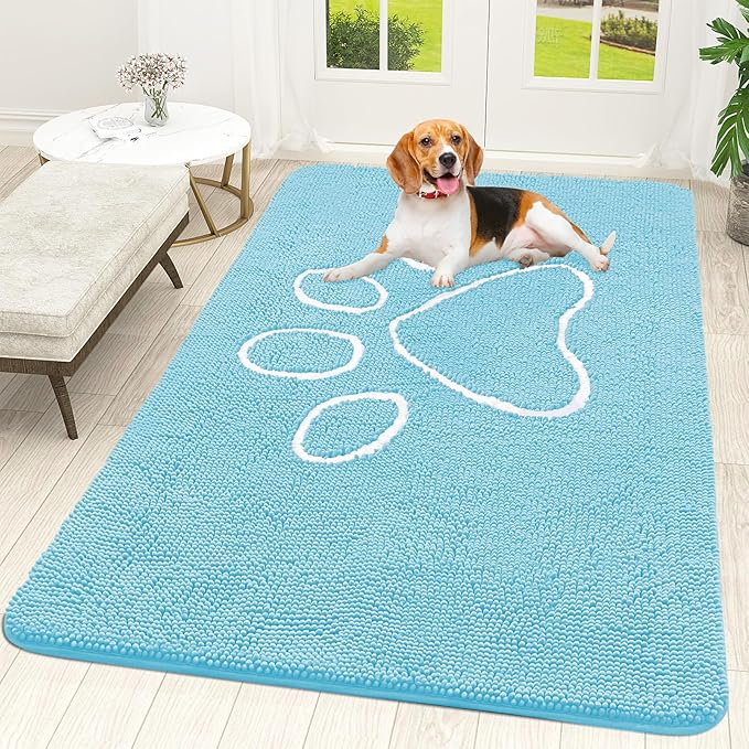 OLANLY Dog Door Mat for Muddy Paws 59x35, Paw Print Design, Absorbs Moisture and Dirt, Absorbent Non-Slip Washable Doormat, Quick Dry Chenille Mud Mat for Dogs, Entry Indoor Entryway Carpet, Blue