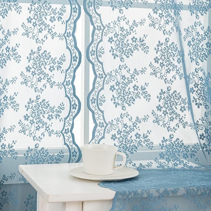YJ YANJUN Vintage Lace Curtains 63 Inch Length-Victorian Floral Pattern Stone Blue Sheer Curtains for Boys Bedroom Privacy Summer Beach Themed Ocean Coastal Room Decor 2 Panles W52 X L63 Dusty Blue