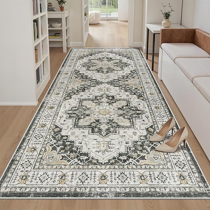 Madane Hallway Runner Rug 4x8 Wide: Washable Thin Runners for Hallways Entry, Non Slip Soft Vintage Kitchen Rugs Low Pile Carpet Runners for Living Room Bedroom Dining Room Foyer (Black, 4x8)