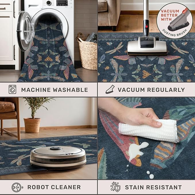 8x10 Large Farmhouse Rugs for Living Room - Unique Washable Area Rug for Bedroom, Dining Room Under Table, Boho & Insect Design, Vintage Moth Décor, Low Pile Soft Carpet (Dark Blue)