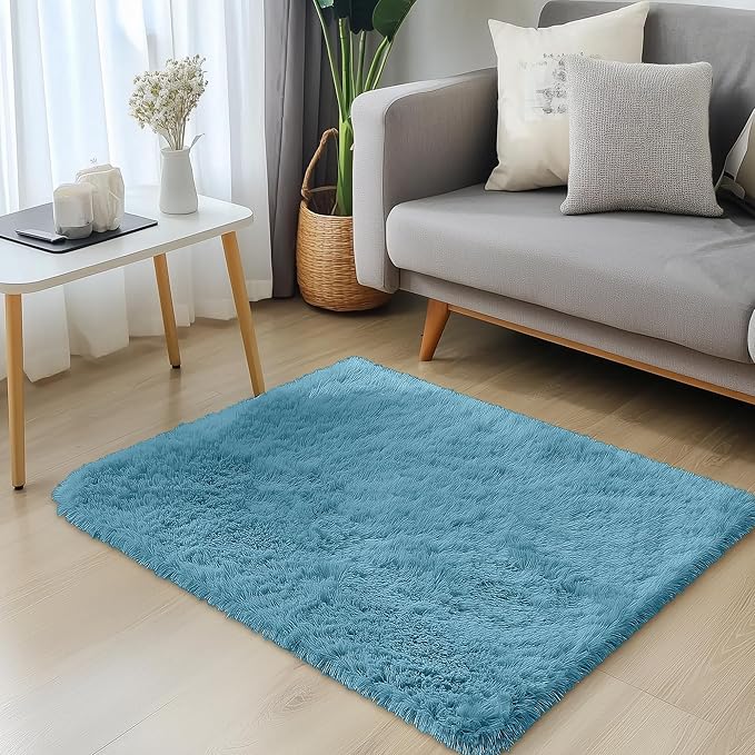 OLANLY 3x5 Machine Washable Small Bedside Rug, Soft Fluffy Shaggy Rugs for Living Room, Bedroom, Indoor Floor Carpet for Kids Girls and Boys, Preppy Dorms, Nursery, Home Decor Aesthetic, Slate Blue