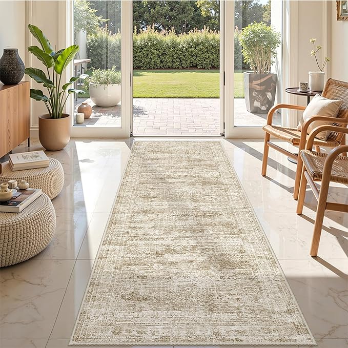 Kitchen Runner Rug Non Slip - 2.5 x 8 Runners for Hallways, Entryway, Bedroom, Washable Runner Rugs for Bathroom, Laundry Room, Low Pile Soft Vintage Area Rug(2.5'x8', Brown/Ivory)