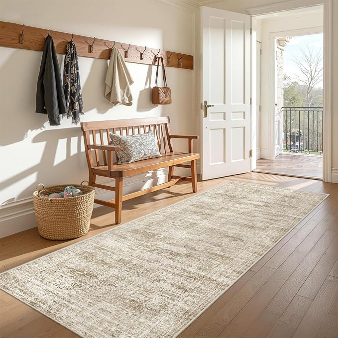 3x8 Runner Rug Non Slip Washable for Entryway, Vintage Hallway Runner for Front Porch, Laundry Room, Bedroom, Abstract Stain Resistant Thin Indoor Kitchen Mats for Floor(3'x8', Brown/Ivory)