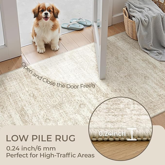 5x7 Area Rugs, Ultra-Thin Washable Rugs for Living Room, Anti-Slip Backing Area Rug for Bedroom, Soft Abstract Vintage Home Decor Rug for Dining Room(5'x7', Beige/Ivory)