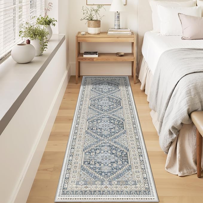 Runner Rug 2x8 Runners for Hallways Non Slip Washable, Vintage Hallway Runner Rugs for Living Room, Low Pile Soft Hallway Rug for Kitchen Bedroom Laundry Room(Blue/Beige,2'x8')