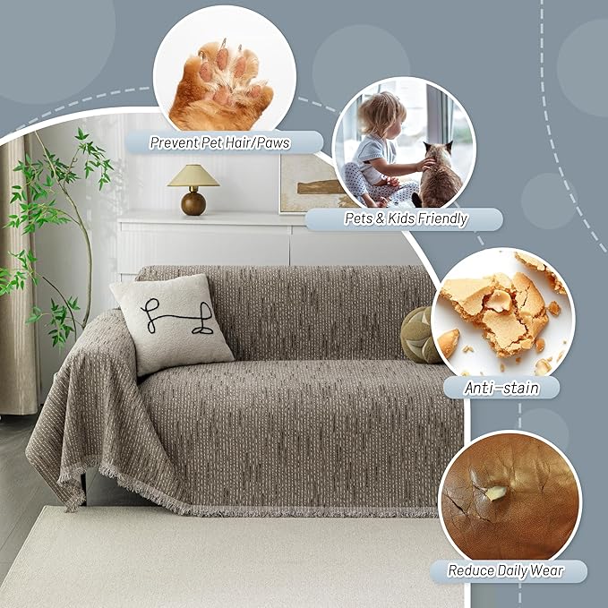 MYSKY HOME Couch Covers for 2 Cushion Couch Sectional Sofa, L Shape Sofa Protector Sand Chenille Couch Cover, Sofa Covers Washable Blanket with Tassel Pet Couch Cushion Cover, 71"X102"