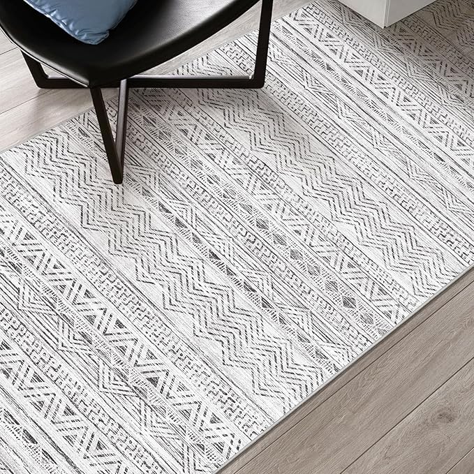 4x5 Washable Entryway Area Rug: Modern Moroccan Runner Rugs Indoor Soft Non Slip Door Mat for Living Room Low Pile Thin Floor Carpet for Kitchen Dining Room Bedroom Home Office Decor(4x5,Grey)