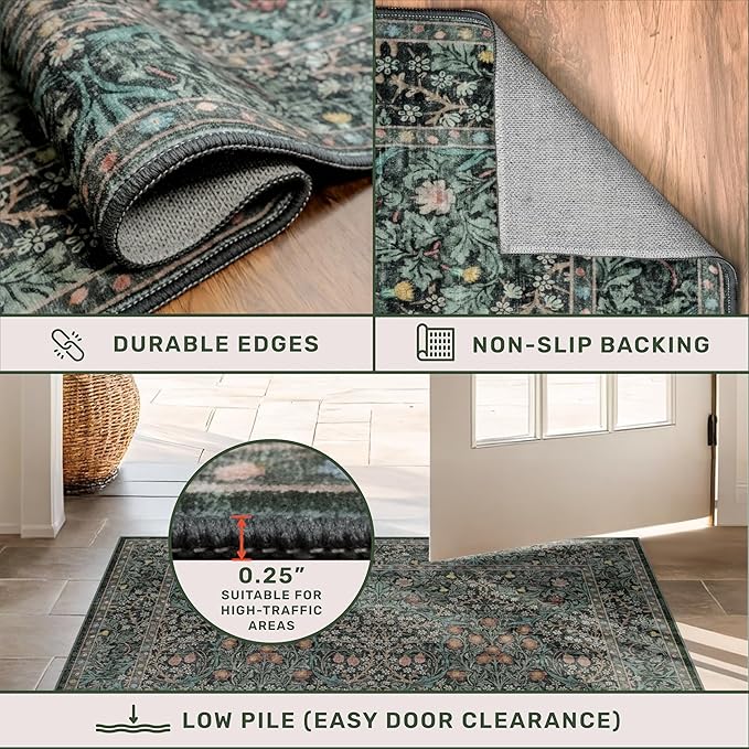 Washable Dark Green 10x12 Rug for Living Room - Extra Large Area Rugs for Dining Room Under Table, Bedroom, Soft Low Pile Non Slip Stain Resistant Carpet - Vintage Floral Design Non-Slip