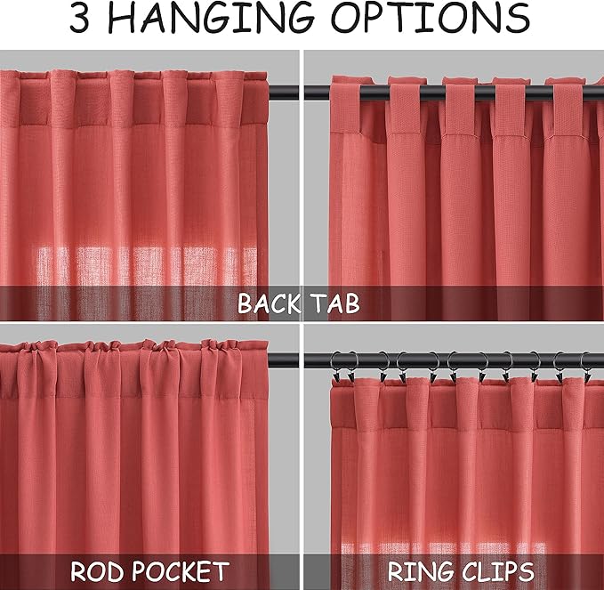 Nanspring Watermelon Red Linen Curtains 102 Inches Long 2 Panels,Back Tab Rod Pocket Semi Sheer Curtain Light Filtering Boho Extra Long Drapes Neutral Farmhouse Decor for High Window 52x102