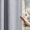 Blue Boho Blackout Curtains 2 Panels 84 Inch for Living Room Bedroom, Linen Texture Farmhouse Curtains with Tassels and White Cotton Embroidery Vintage Rustic Country Western