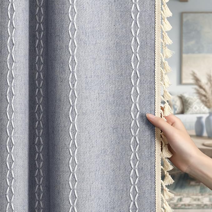 Blue Boho Blackout Curtains 2 Panels 84 Inch for Living Room Bedroom, Linen Texture Farmhouse Curtains with Tassels and White Cotton Embroidery Vintage Rustic Country Western