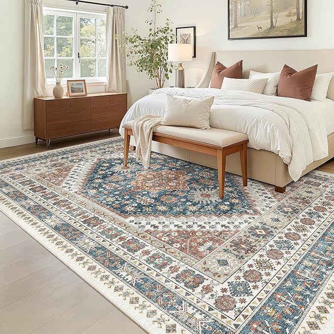 Madane 5x7 Area Rugs for Living Room, Stain Resistant Washable Rugs, Non-Slip Backing Area Rug, Vintage Home Decor Rug for Bedroom (Navy Blue, 5'x7')