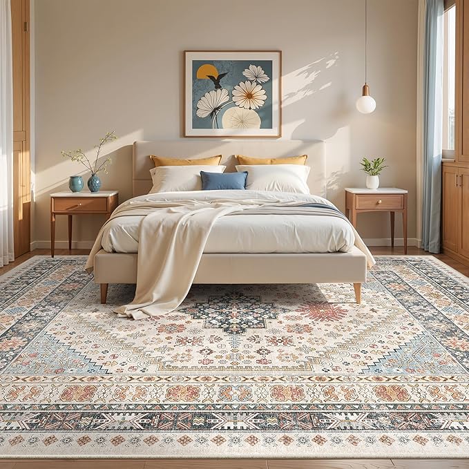 Washable Rugs 8x10 Area Rugs for Living Room, Non-Slip Backing Large Rug for Nursery Room, Vintage Floral Bedroom Rugs, Thin Indoor Home Decor Soft Farmhouse Rug (Blue/Red/Multi,8'x10')