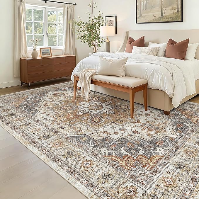 Madane 6x9 Area Rugs for Living Room, Stain Resistant Washable Rugs, Non-Slip Backing Area Rug, Vintage Home Decor Rug for Bedroom (Turmeric/Grey, 6'x9')