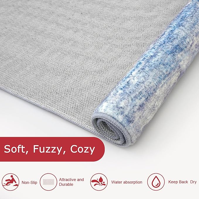 KOZYFLY Modern Abstract Washable Rug Runner 2.6x12 Hallway Rug Runner Non-Slip Soft Kitchen Runner Rugs, Blue/Grey/Beige Striped Carpet for Entryway Bathroom Laundry Room Foyer