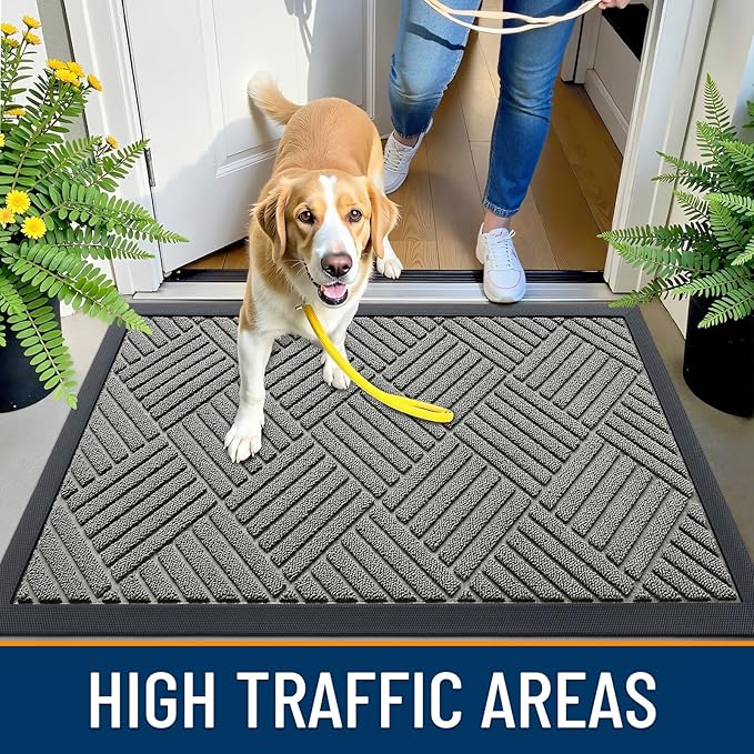 OLANLY Front Door Mat Outside Entrance 47x32, Absorbent, Heavy Duty Sturdy Natural Rubber Doormat Indoor Outdoor, Stain Fade Resistant, Non-Slip Low Profile Floor Mat for Entryway, Modern Gray Diamond