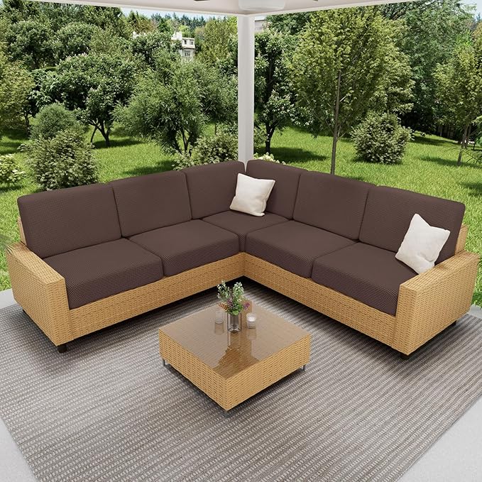 hyha Waterproof Couch Cushion Covers for Pets, Non Slip Sofa Seat Cover for Dogs Washable, Soft Thick Stretch Jacquard Fabric, Sofa Slipcovers with Elastic Bottom (1 Chaise+2 Seater, Brown)