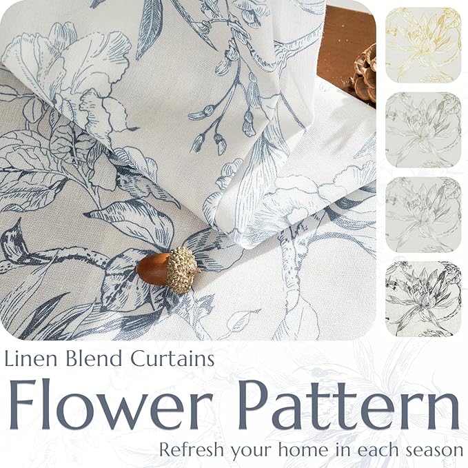 jinchan Floral Curtains 84 Inches Long Blue Flower Linen Farmhouse Curtain for Living Room French Country Vintage Curtain Rod Pocket Curtains Set 2 Panels Blue Floral Printed