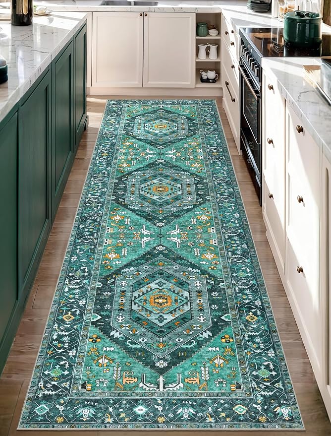 SERISSA Boho Washable Runner Rug, 2'6"x10' Long Rug Runner Non-Slip Vintage Teal Hallway Kitchen Stair Runner Rug Ultra Soft Print Distressed Floor Carpet Runner for Bedroom Bathroom Laundry Room
