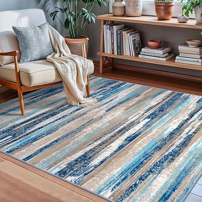 Lansny Abstract Area Rug 3x5 Washable Rugs for Entryway, Non Slip Kitchen Rug Printed Faux Wool Throw Rugs, Soft Floor Carpet Front Door Rug, Door Mat for Entry Entrance Bedroom Office, Blue