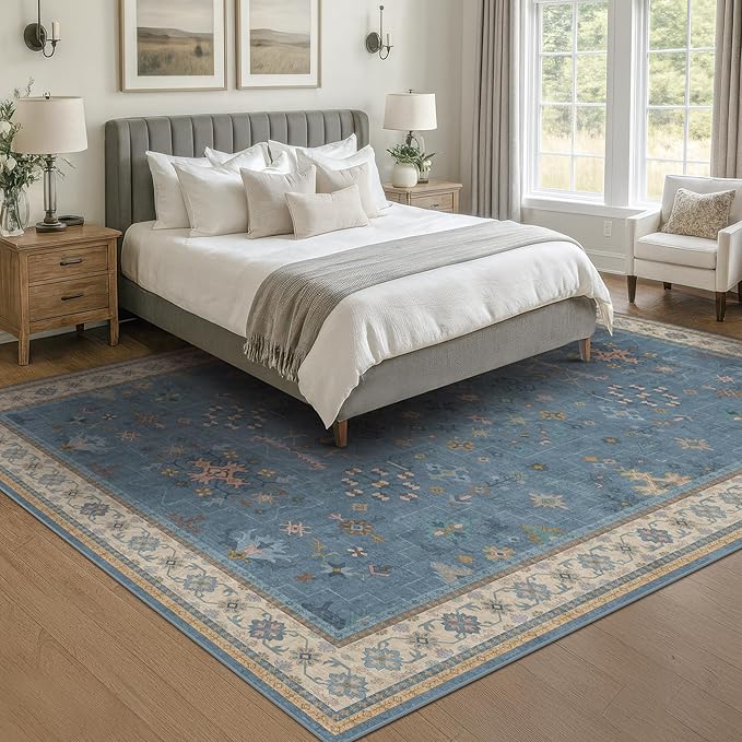 Boho 6x9 Living Room Rugs - Modern Dark Blue Dining Room Rug for Under Table, Lightweight Washable Foldable Low Pile Carpet, Eclectic Floral Bedroom Décor Aesthetic