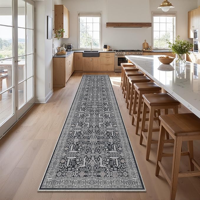 Hallway Washable Runner Rug 2x10 - Non Slip Vintage Kitchen Runner Rugs for Entryway Low-Pile Waterproof Long Runners for Living Room Bedroom Medallion Indoor Floor Mat for Bathroom Laundry Black