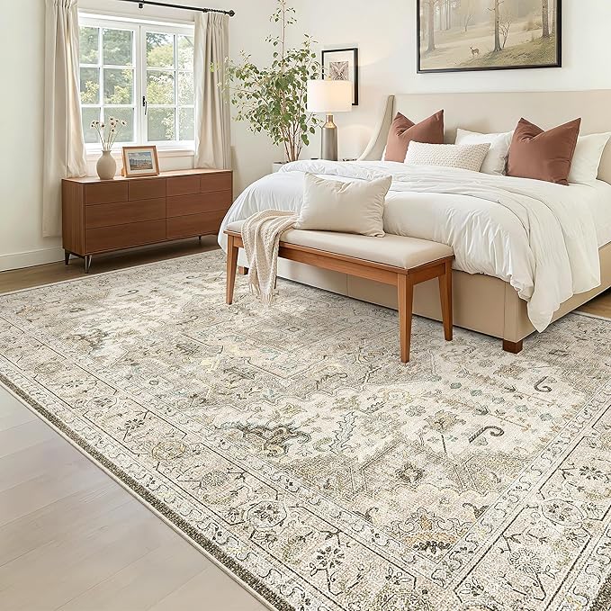 Madane 6x9 Area Rugs for Living Room, Stain Resistant Washable Rugs, Non-Slip Backing Area Rug, Vintage Home Decor Rug for Bedroom (Ivory/Brown, 6'x9')