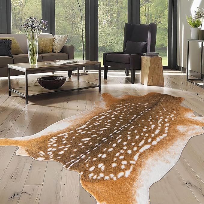 Deer Rug Antelope Print Rug, 6.2x8.2 Feet Faux Deer Hide Fawn Animal Print Skin for Living Room Bedroom Brown Rustic Western Décor
