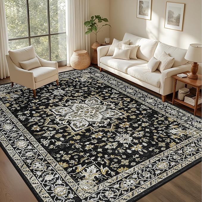 Area Rugs 10x12 Living Room Rug: Washable Rug Soft Vintage Boho Medallion Carpet Indoor Non-Slip Stain Resistant Large Carpets for Bedroom Dining Room Farmhouse Nursery Home Office Black Gold