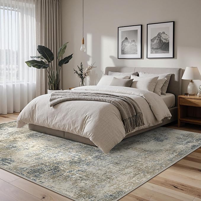 Area Rugs 6x9 for Living Room Bedroom, Modern Abstract Machine Washable Rug, Large Soft Low Pile Floor Carpet with Non Slip Backing for Dining Room, Blue Mist