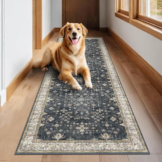 Dark Washable Long Runners for Hallways, 2'6"x8' Wide Kitchen Runner Rug, Entryway Indoor Rug, Non Slip Rubber Backing Boho Vintage Floor Decor, Ashen/Multi